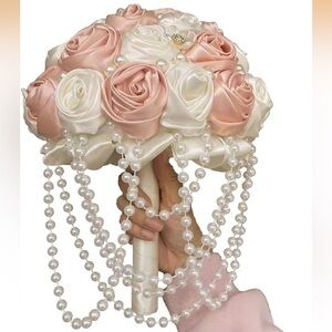 Elegant Pink and White Rose Satin Bouquet with Pearls